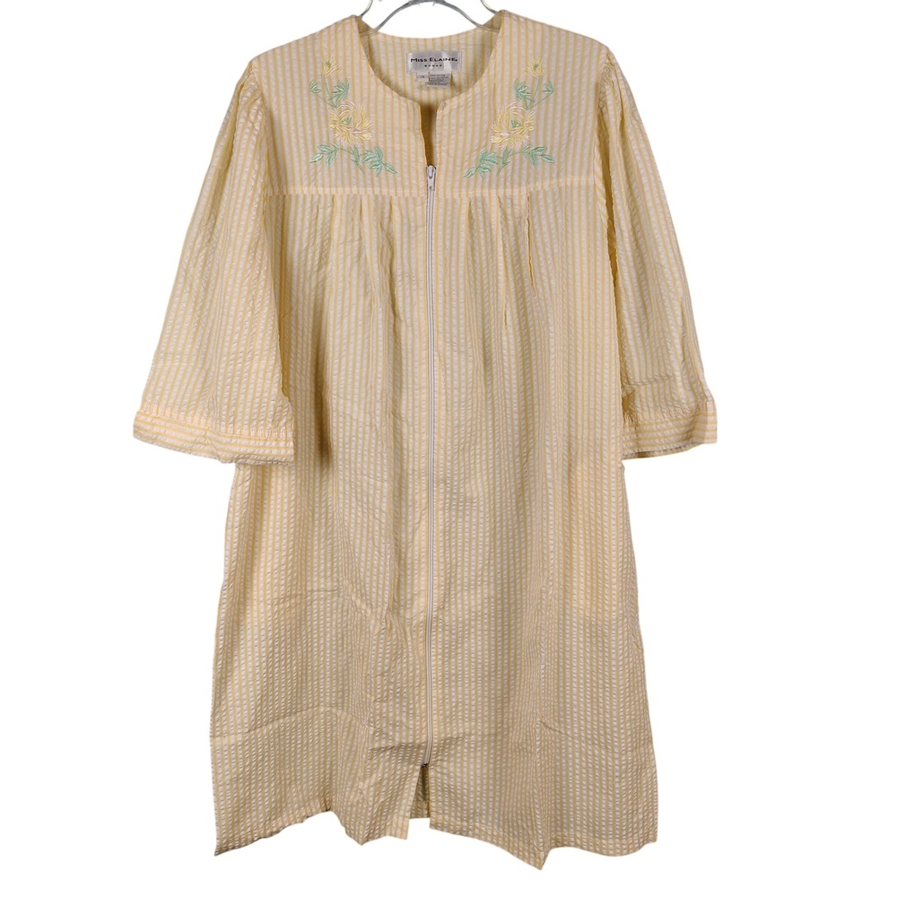 Miss Elaine Woman 1X Yellow Seersucker Stripe Zip Front Floral Robe Housecoat